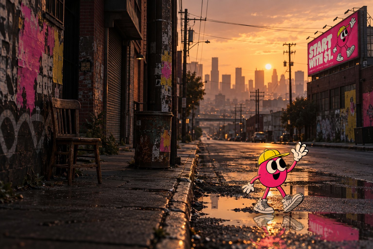 A golden-hour city street with weathered posters and a hot-pink billboard